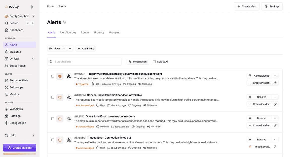Screenshot of Sentry alerts appearing inside Rootly